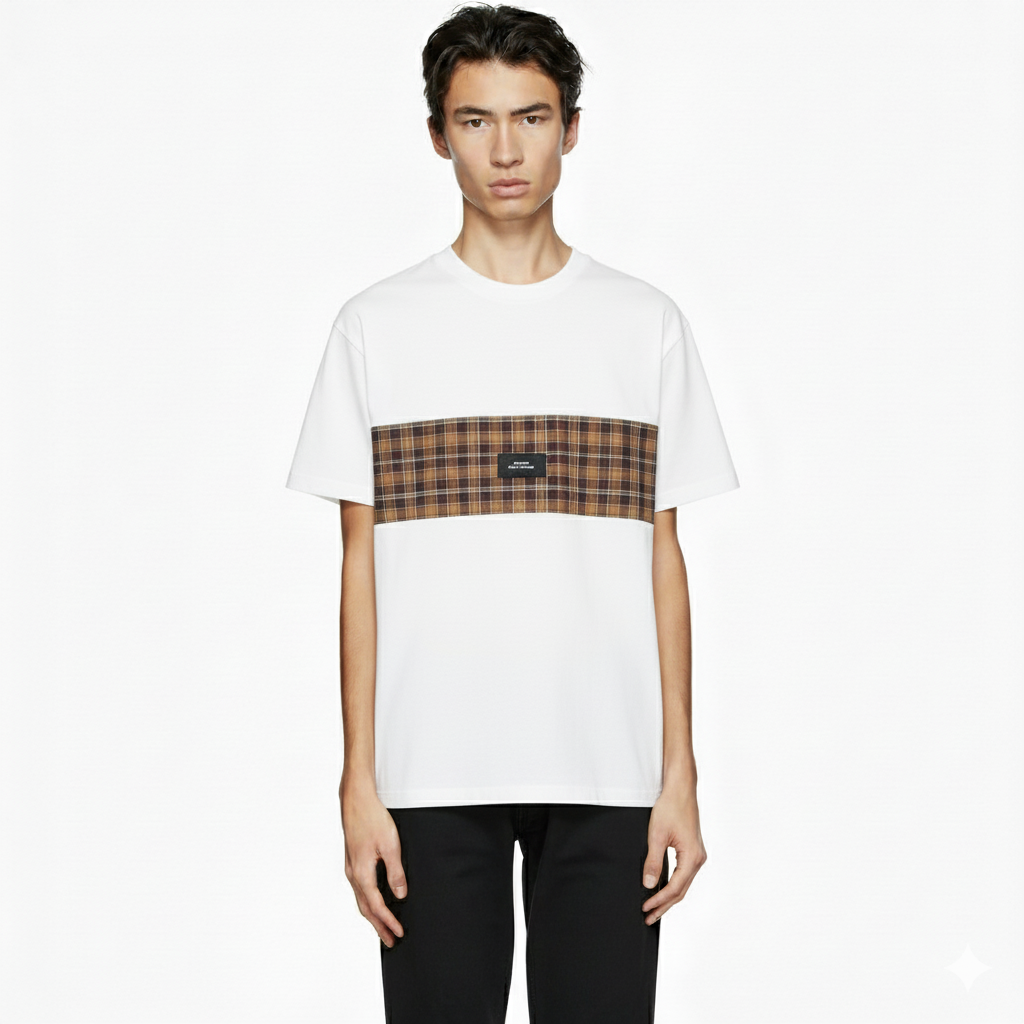 Check Panel T-Shirt – White/Brown