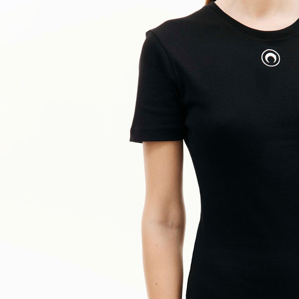 Moon Logo Ribbed Jersey Long Dress – Black