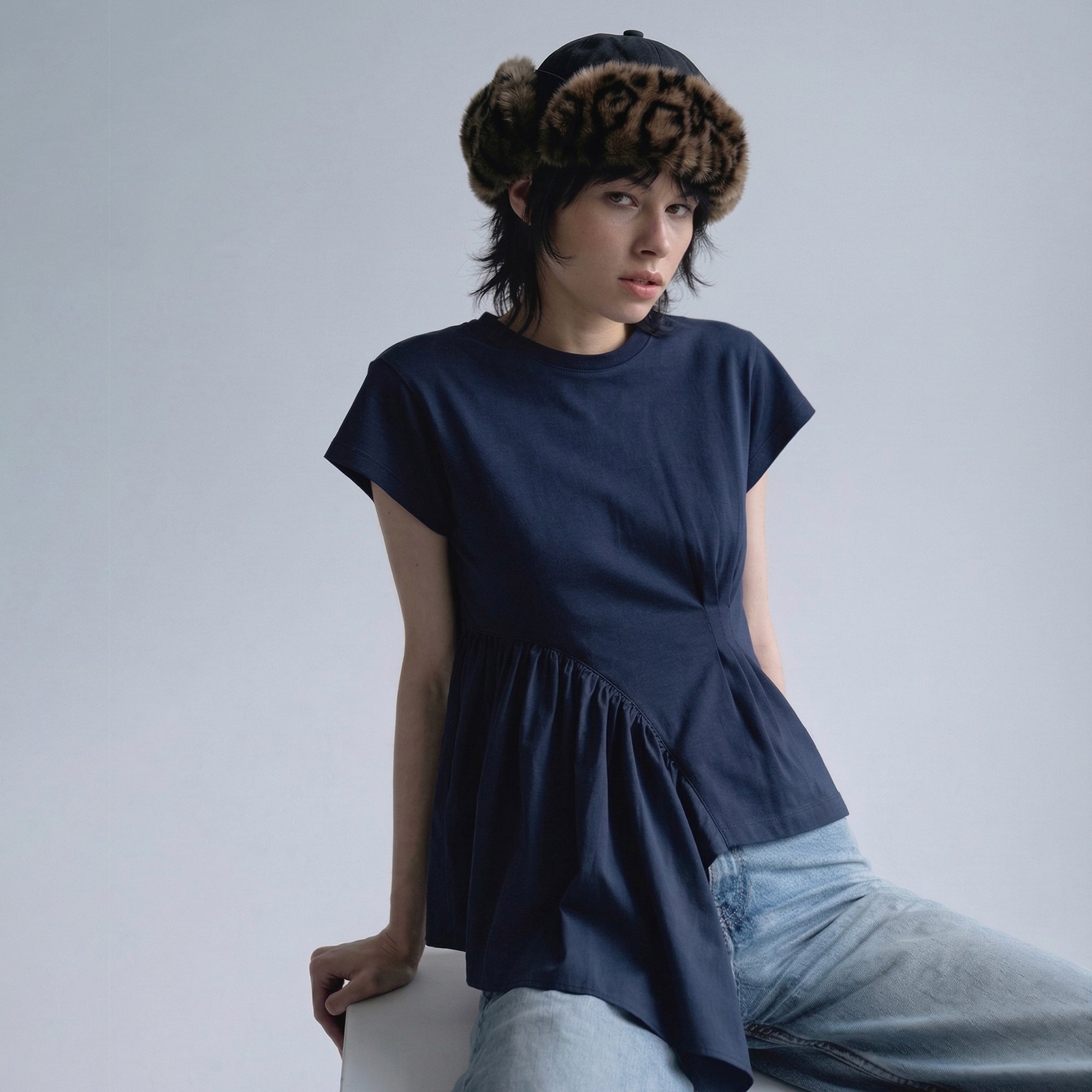 Asymmetric Ruched Top – Navy