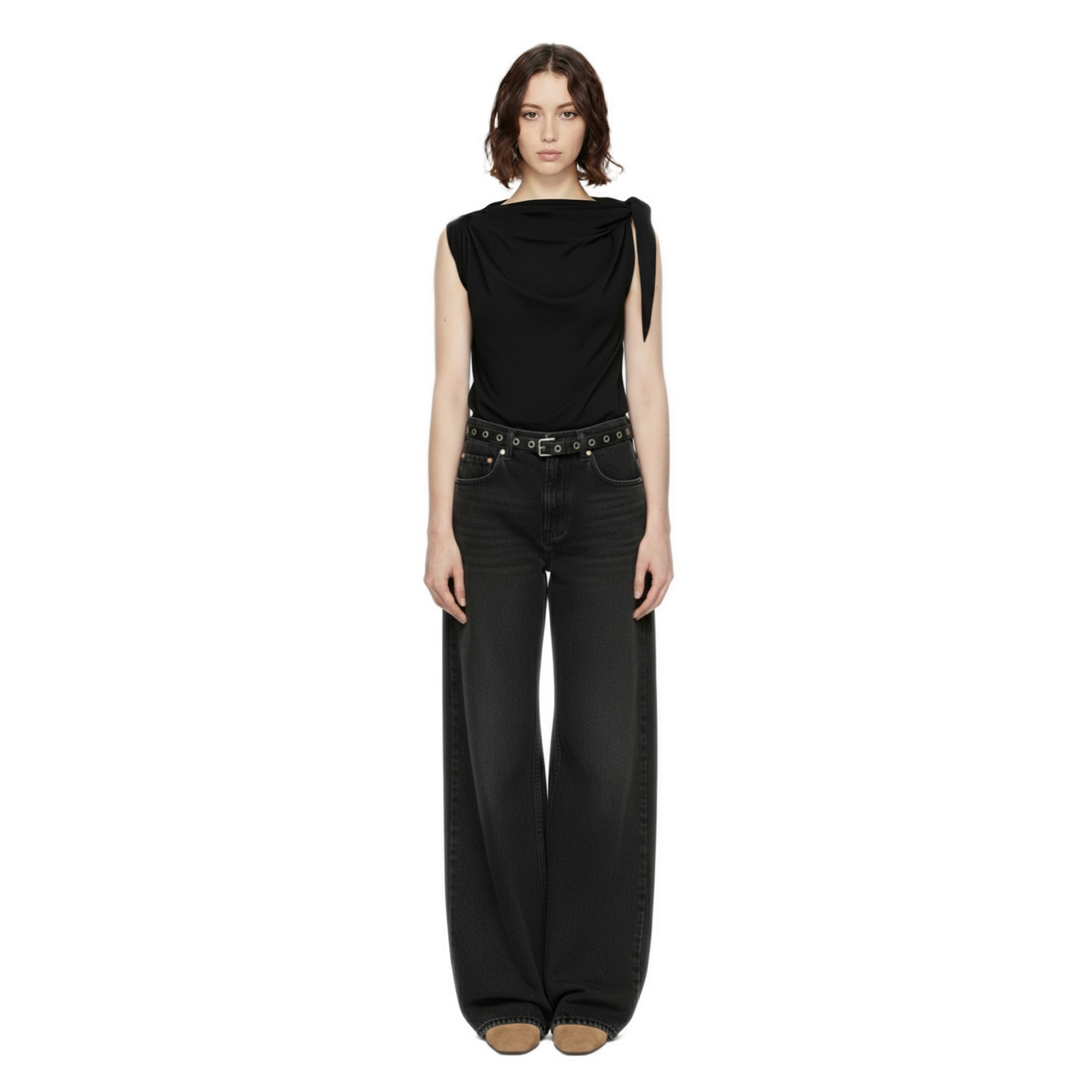 Asymmetric Tie Shoulder Top – Black